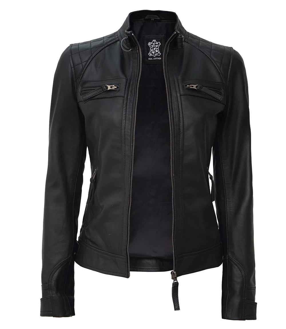Womens Stylish Black Quilted Cafe Racer Jacket – Genuine Leather