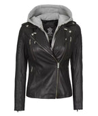 Women Black Leather Detachable Hood Jacket