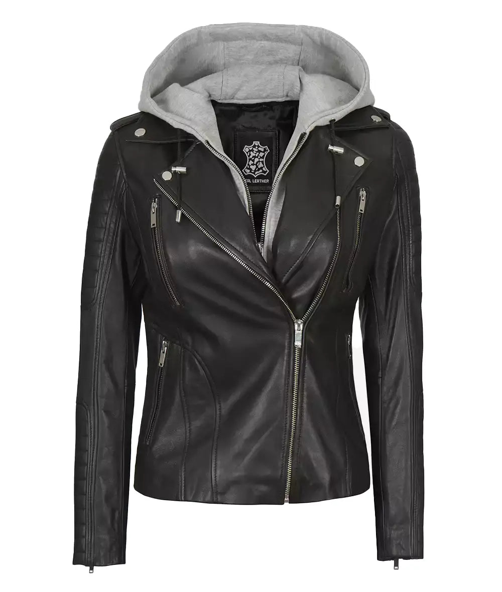 Women Black Leather Detachable Hood Jacket