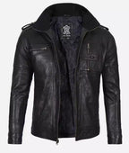 Mens Black Washed Leather Biker Jacket
