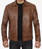 Mens Chocolate Brown Leather Jacket – Reeves Shirt Collar Style