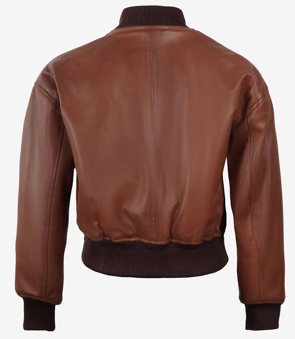 Womens Brown Cropped Bomber Leather Jacket