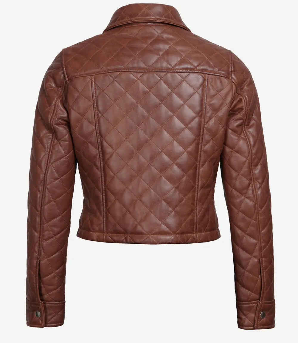 Womens Brown Quilted Cropped Leather Jacket