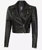 Women Black Cropped Moto Leather Jacket