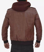 Men’s Tall Fit Dark Brown Leather Bomber Jacket – Hooded & Removable