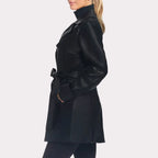 Women Solid Black Leather Trench Coat