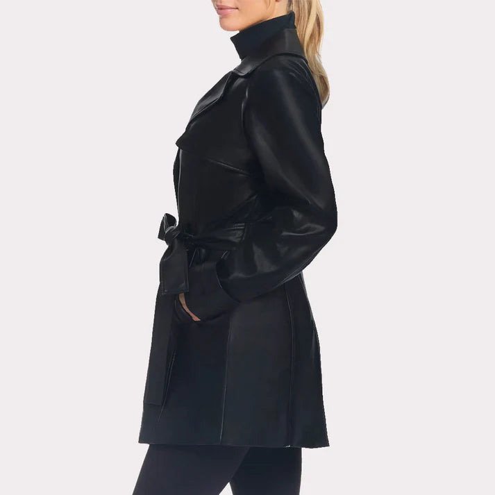 Women Solid Black Leather Trench Coat
