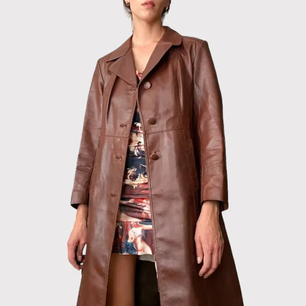 Womens Chocolate Brown Leather Trench Coat