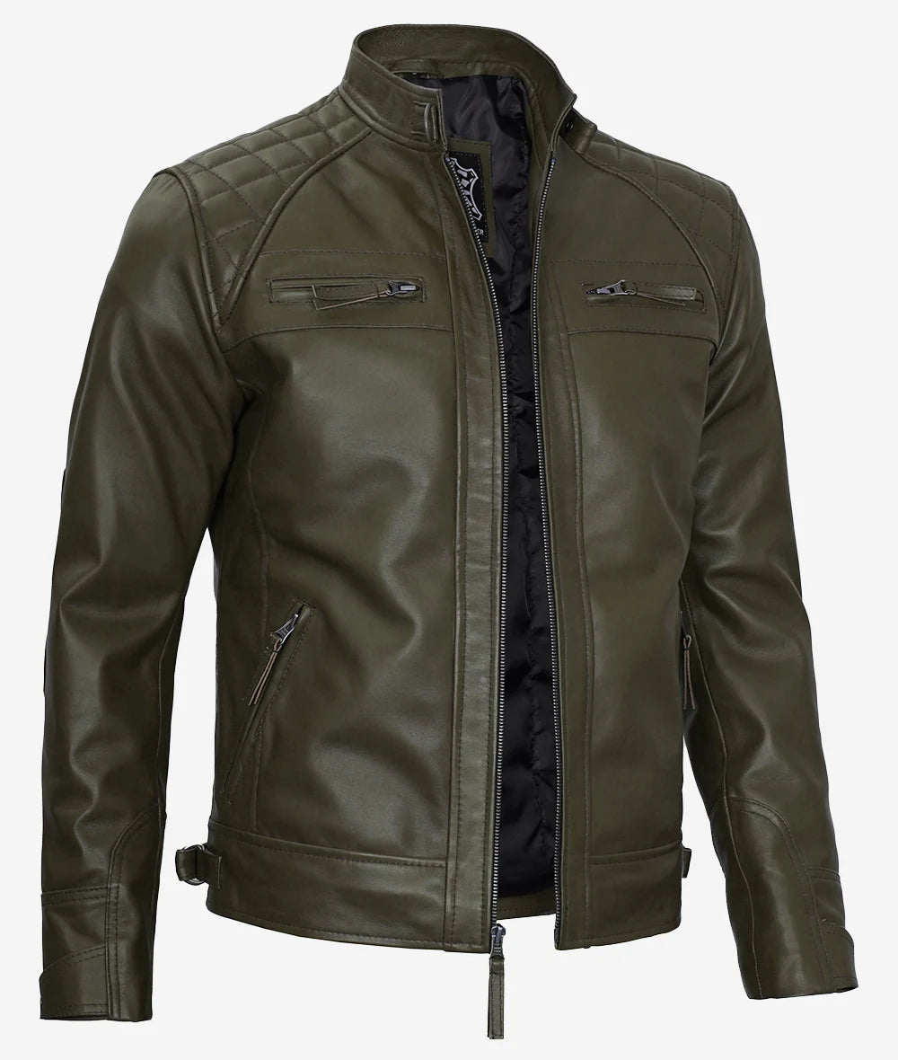 Premium Olive Green Cafe Racer Leather Jacket Men's Quilted Edition