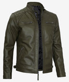 Premium Olive Green Cafe Racer Leather Jacket Men's Quilted Edition