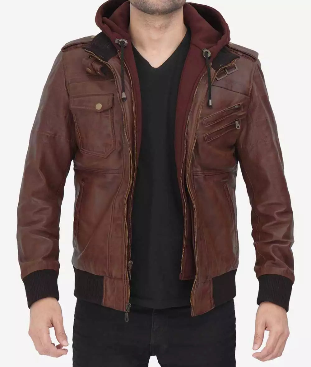 Men’s Tall Fit Dark Brown Leather Bomber Jacket – Hooded & Removable
