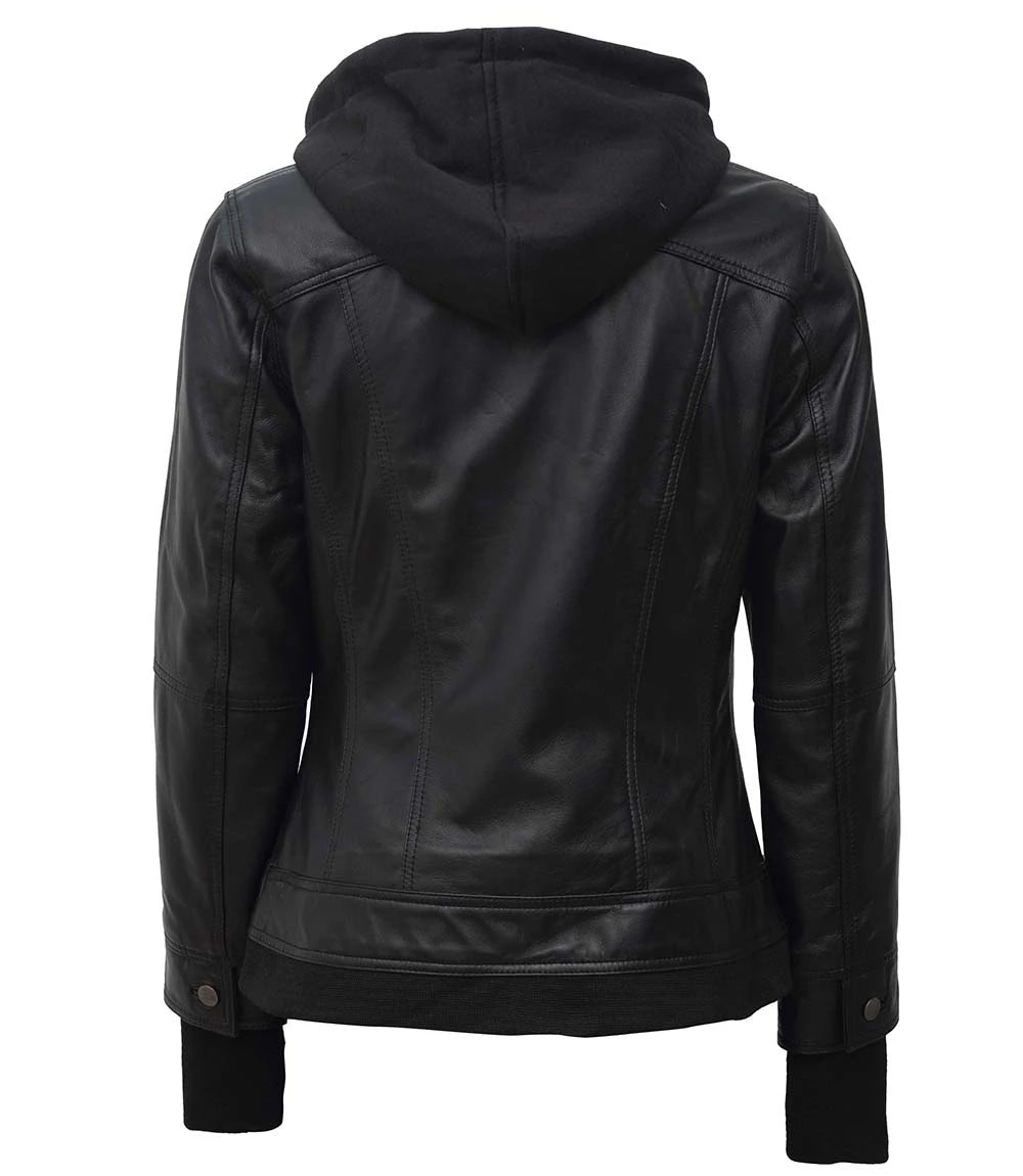 Tralee Black Leather Bomber Jacket With Hood