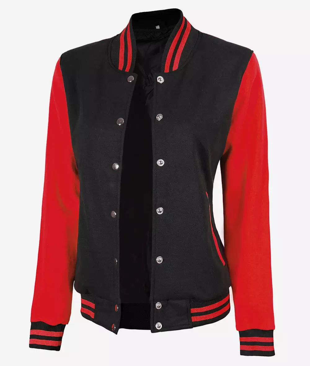 Womens Black And Red Varsity Jacket - Baseball Letterman Style