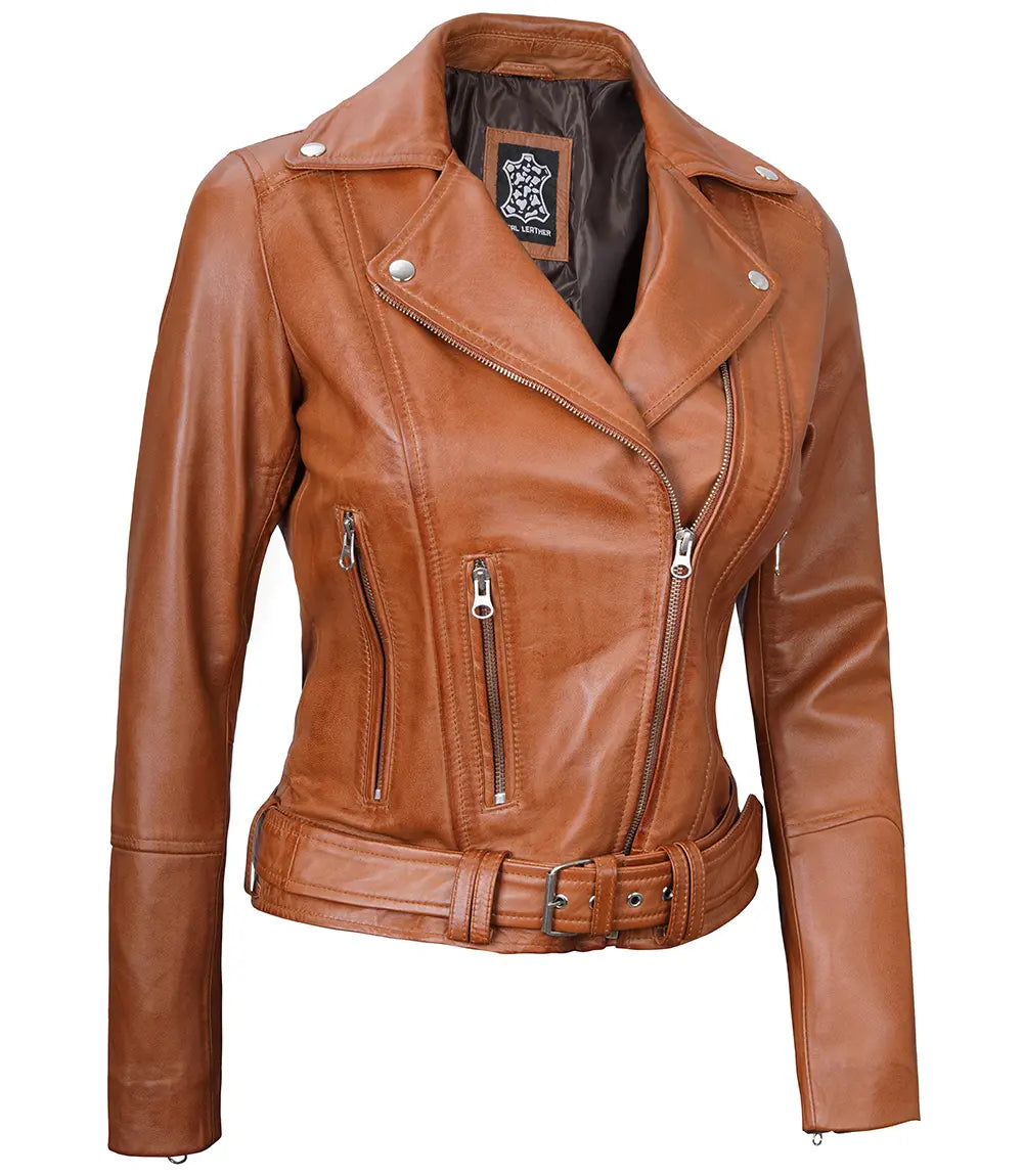Light Brown Biker Leather Jacket for Women