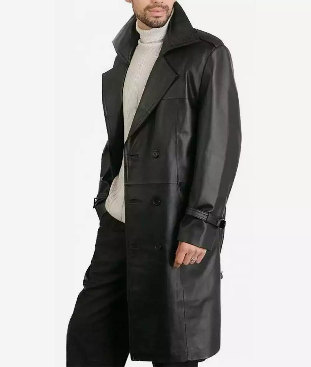 Black Lambskin Leather Knee-Length Coat for Men – Double Breasted