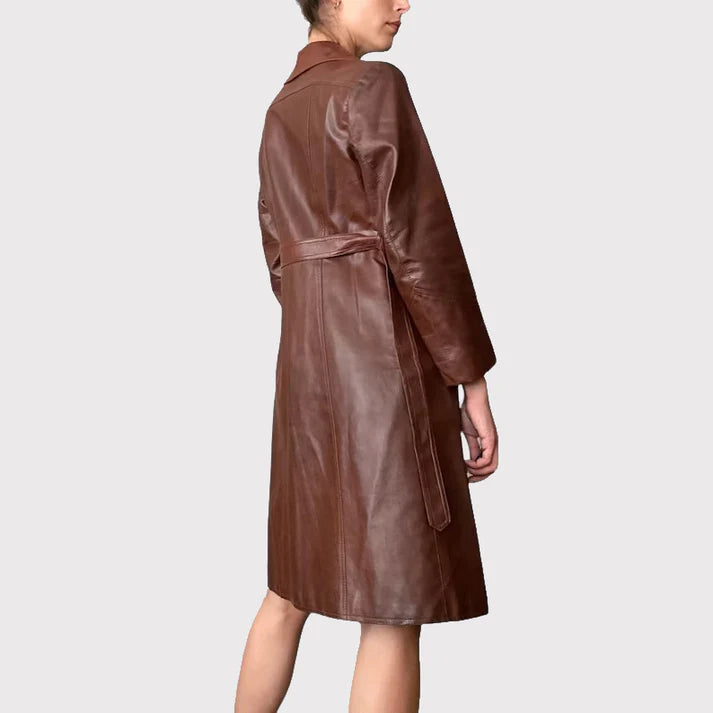 Womens Chocolate Brown Leather Trench Coat