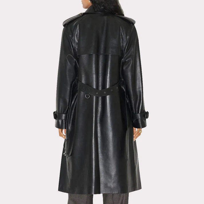 Women Black Leather Trench Coat