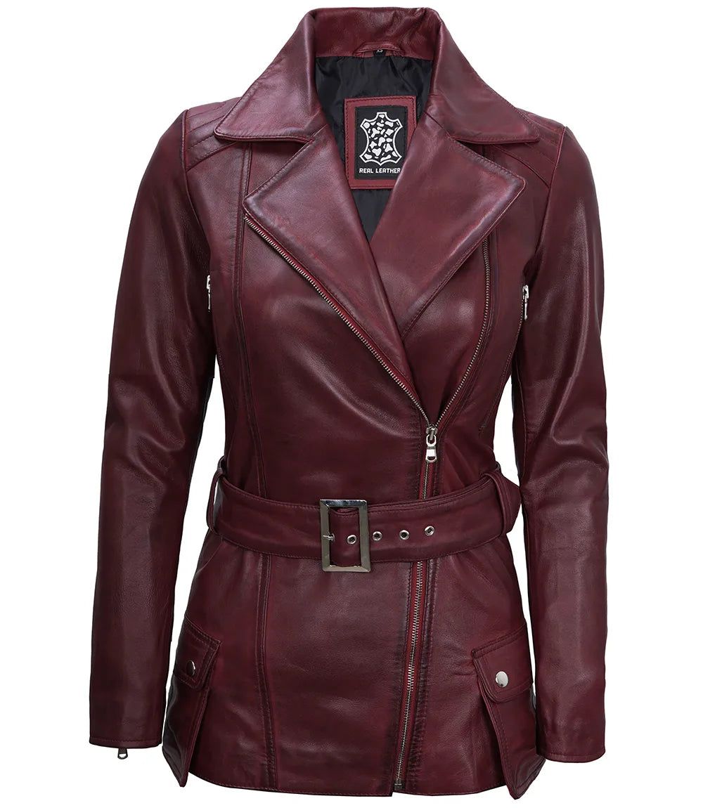 Womens Asymmetrical Biker Jacket Real Leather in Maroon