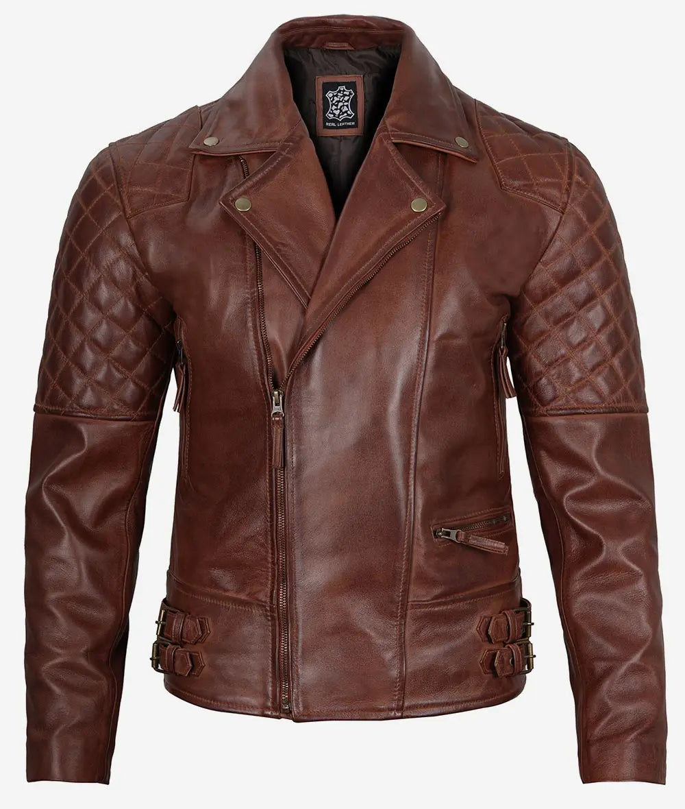 Mens Cognac Leather Motorcycle Jacket Asymmetrical Design