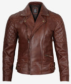 Mens Cognac Leather Motorcycle Jacket Asymmetrical Design
