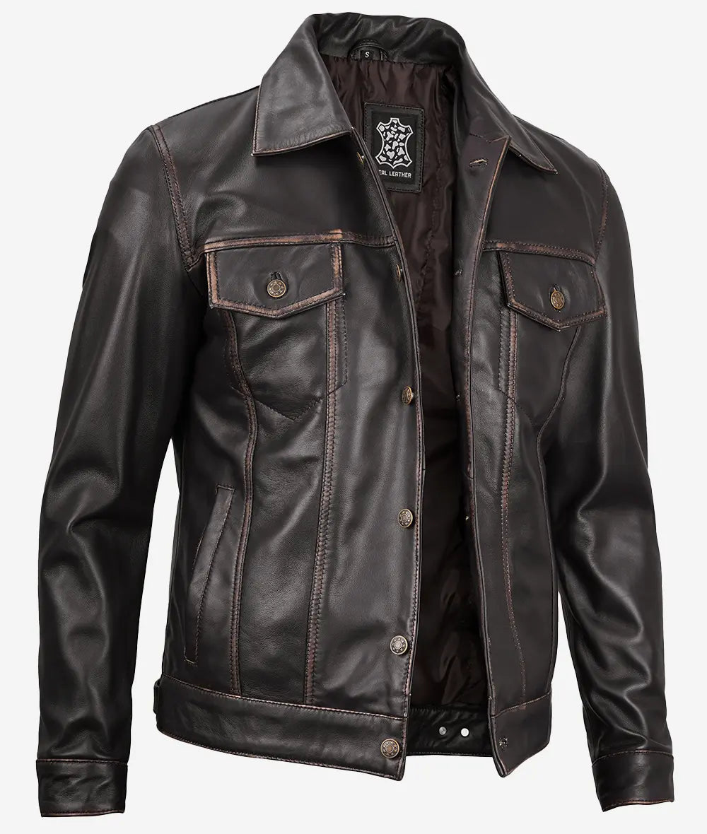 Vintage Brown Leather Trucker Jacket for Men