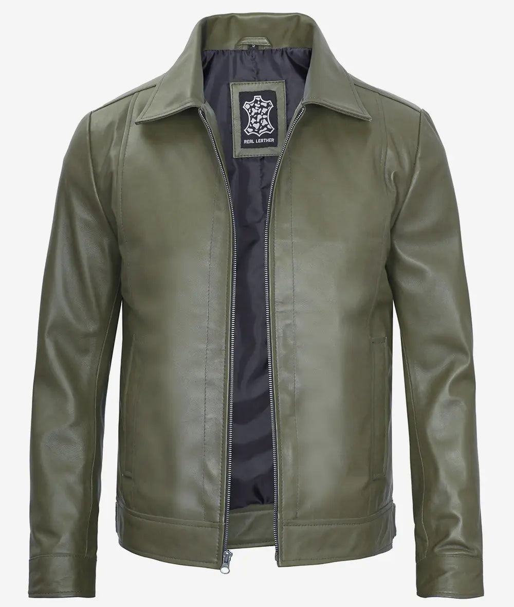 Mens Classic Shirt Collar Olive Green Leather Jacket