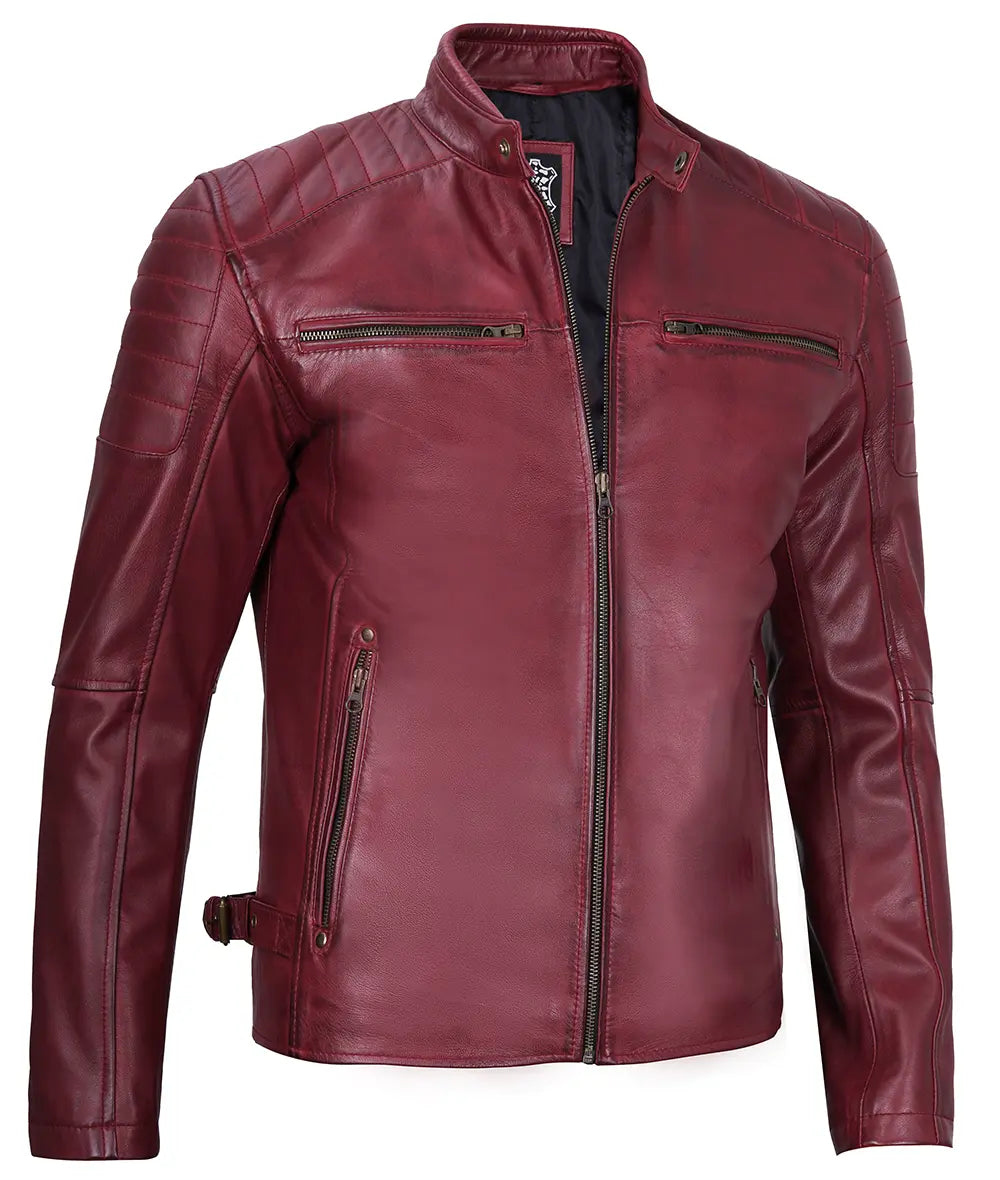 Waxed Maroon Cafe Racer Leather Jacket for Men