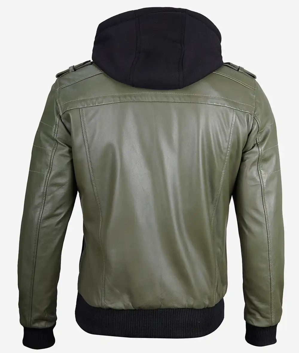 Olive Green Hooded Leather Bomber Jacket for Men
