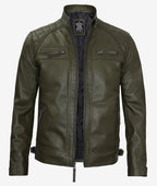 Premium Olive Green Cafe Racer Leather Jacket Men's Quilted Edition