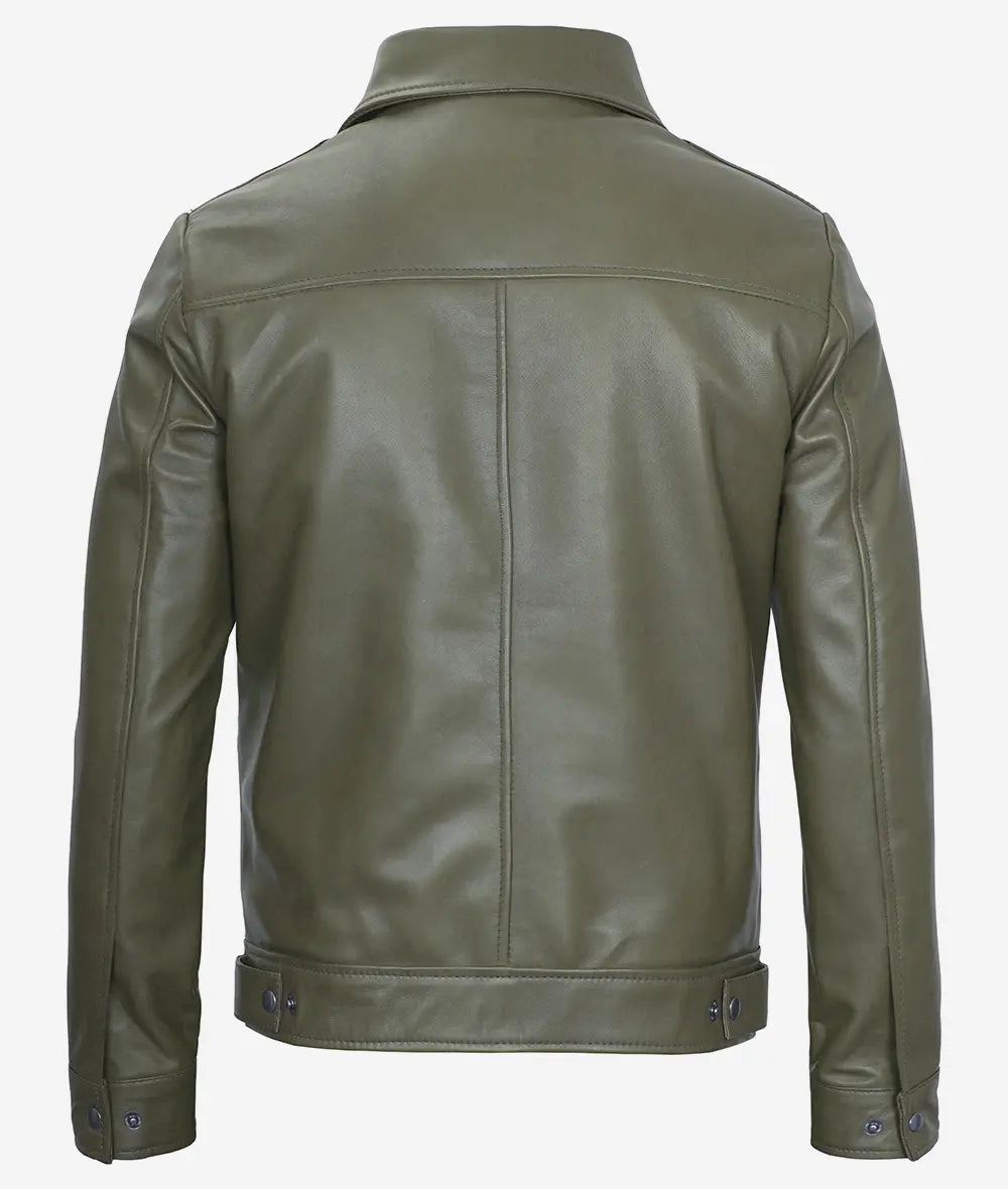 Mens Classic Shirt Collar Olive Green Leather Jacket