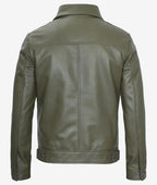 Mens Classic Shirt Collar Olive Green Leather Jacket