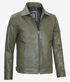 Mens Classic Shirt Collar Olive Green Leather Jacket