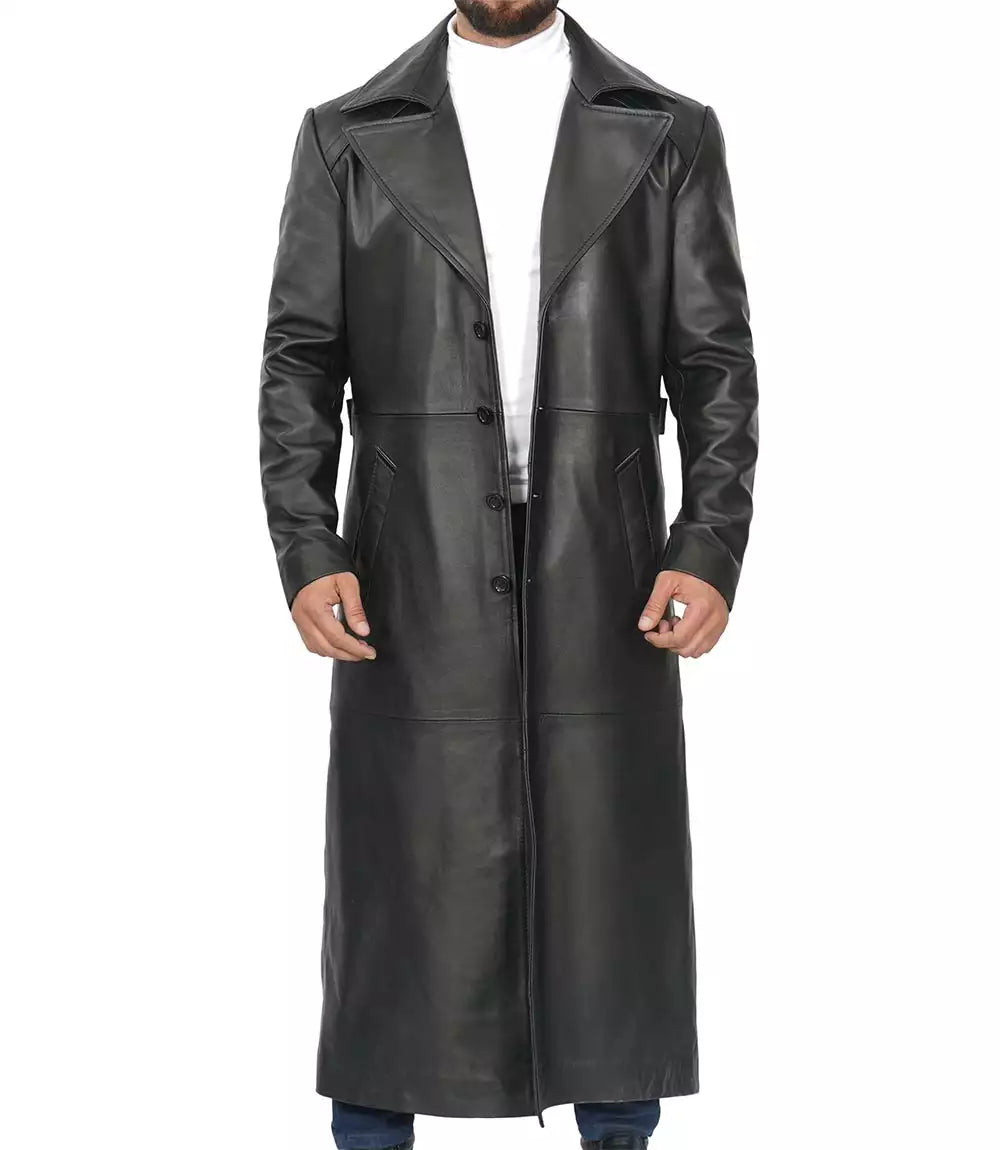 Men's Full-Length Black Leather Duster Coat