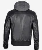 Black Leather Bomber Jacket for Men Detachable Hood