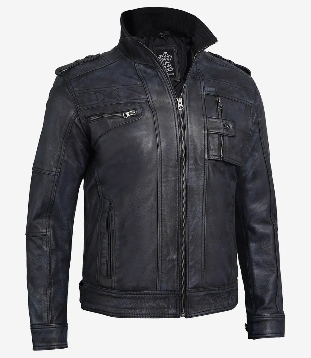 Mens Rugged Black Leather Biker Jacket