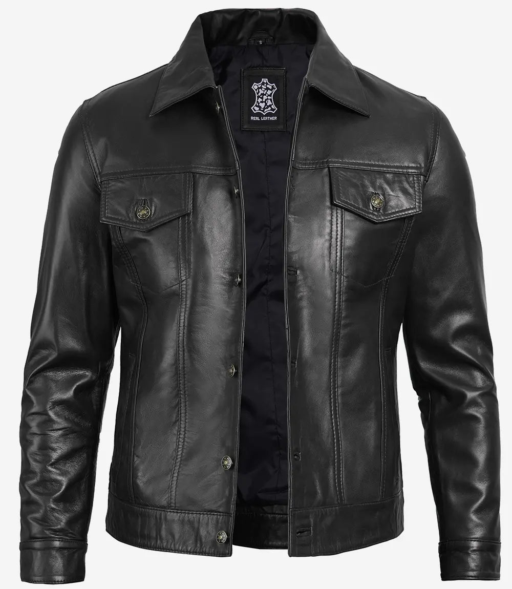 Mens Classic Black Trucker Jacket Four Pocket Leather Design