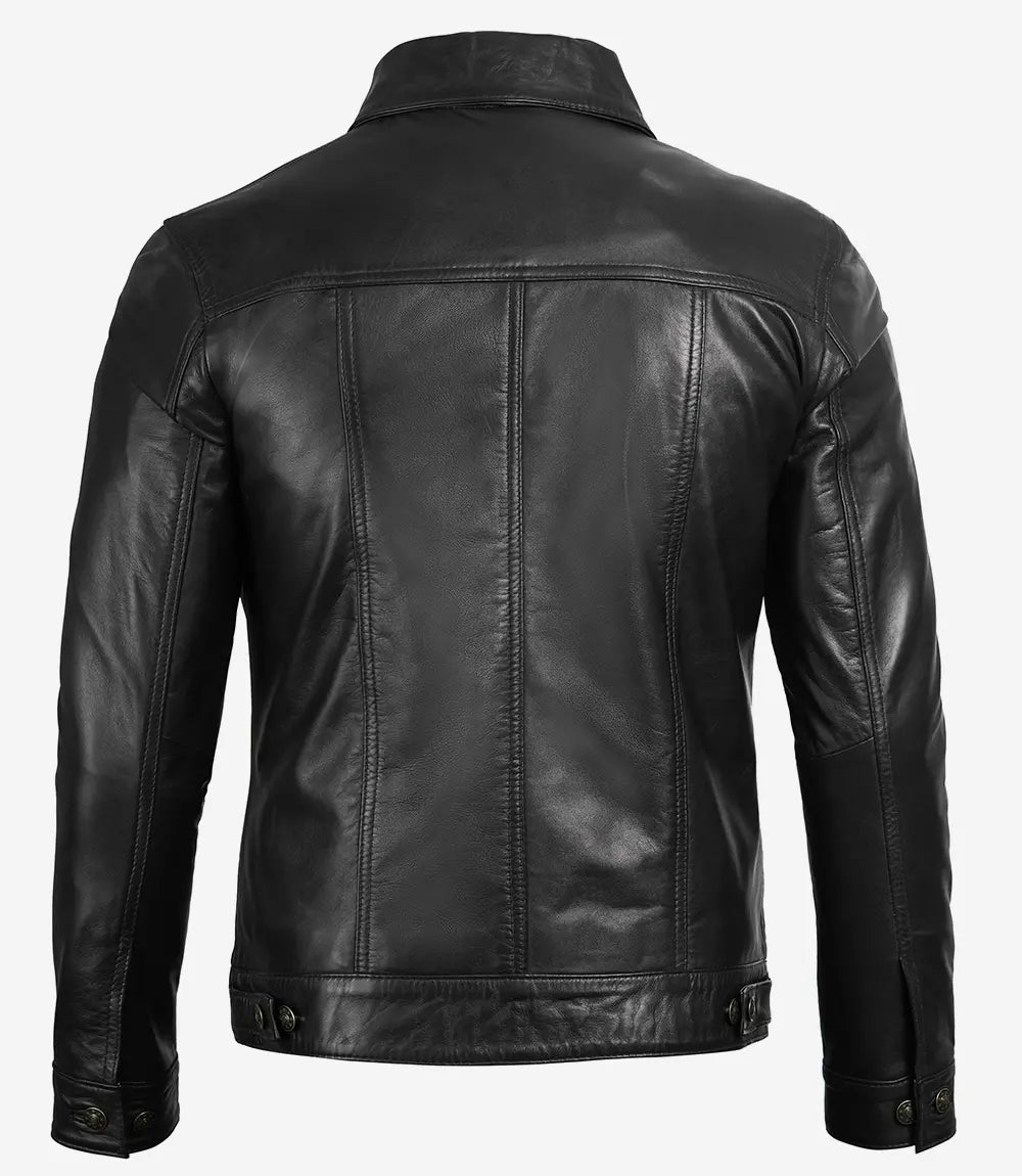 Mens Classic Black Trucker Jacket Four Pocket Leather Design