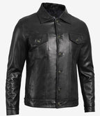 Mens Classic Black Trucker Jacket Four Pocket Leather Design