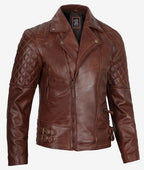 Mens Cognac Leather Motorcycle Jacket Asymmetrical Design