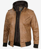 Mens Stylish Camel Brown Leather Bomber Jacket – Removable Hood