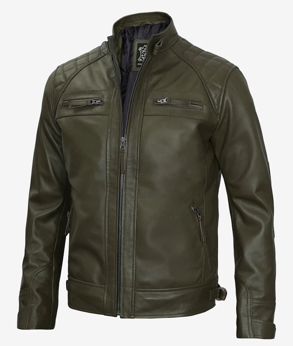 Premium Olive Green Cafe Racer Leather Jacket Men's Quilted Edition