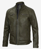 Premium Olive Green Cafe Racer Leather Jacket Men's Quilted Edition
