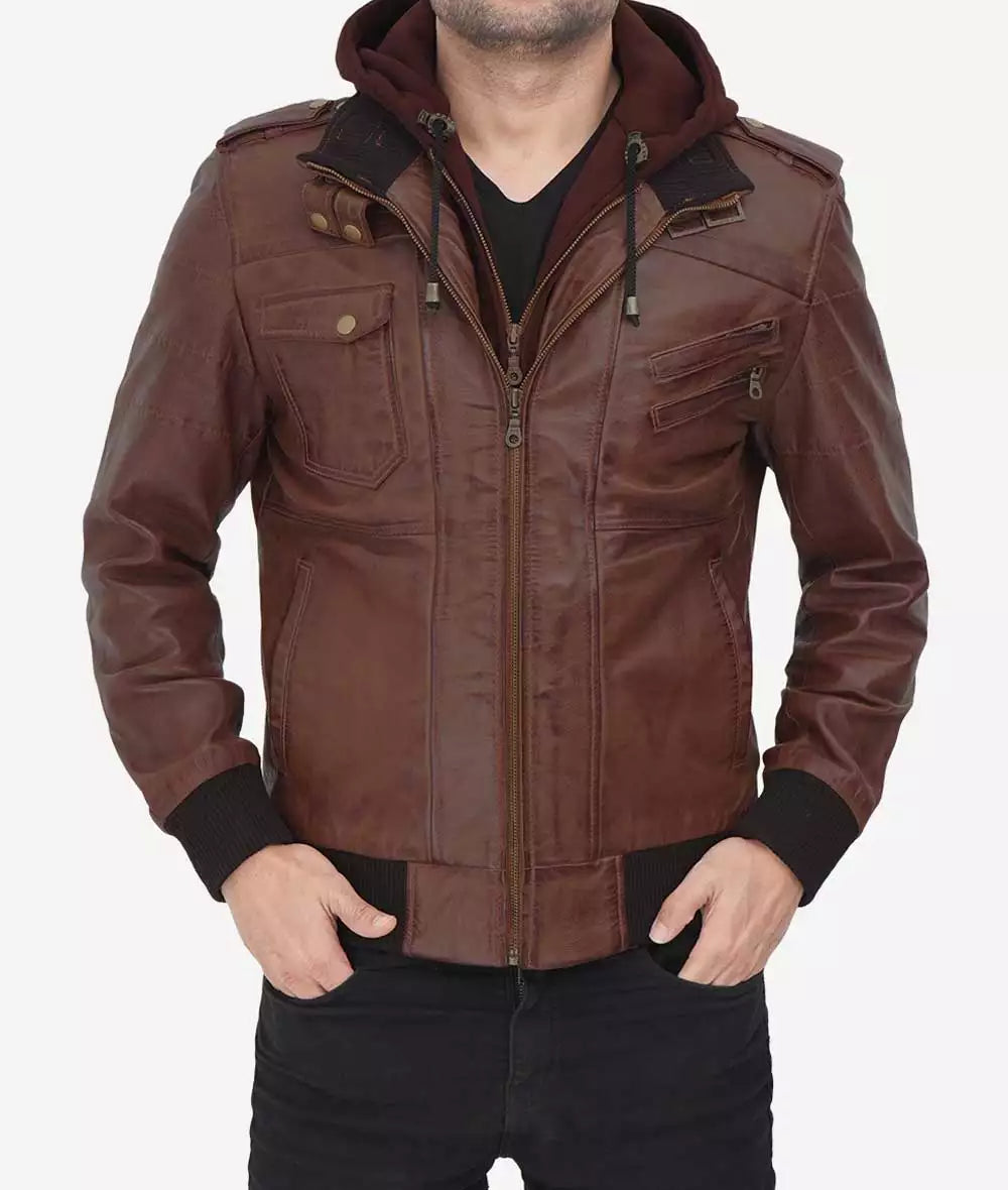 Men’s Tall Fit Dark Brown Leather Bomber Jacket – Hooded & Removable