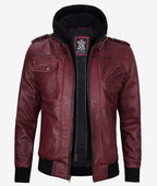 Mens Vintage Maroon Leather Bomber Jacket – Hooded Design