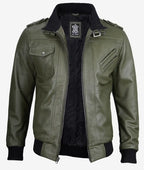 Olive Green Hooded Leather Bomber Jacket for Men