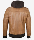 Mens Stylish Camel Brown Leather Bomber Jacket – Removable Hood
