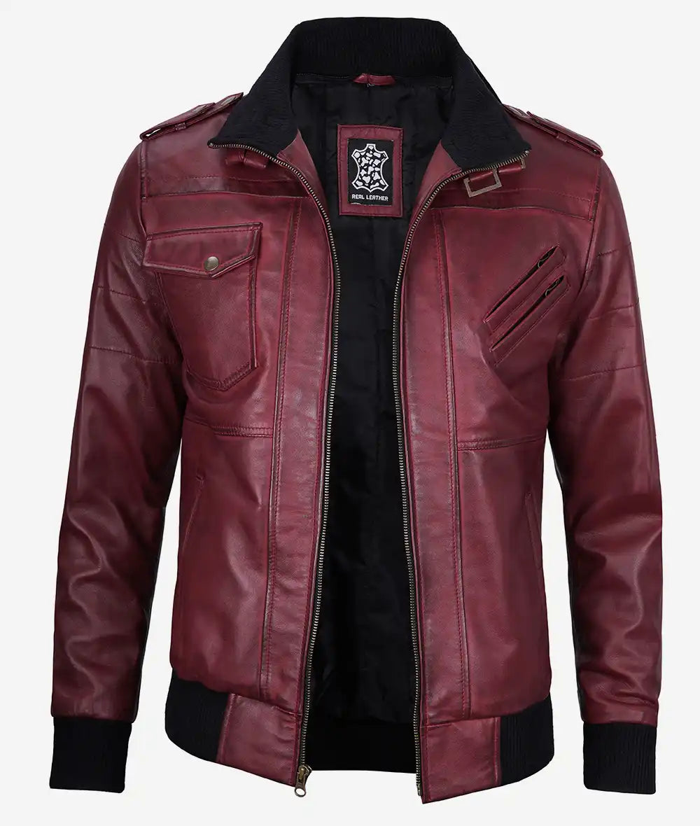 Mens Vintage Maroon Leather Bomber Jacket – Hooded Design
