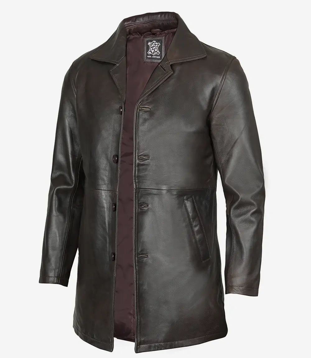 Mens Dark Brown Leather Car Coat – 3/4 Length