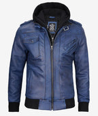 Mens Blue Wax Leather Jacket With Hood