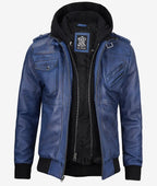 Mens Blue Wax Leather Jacket With Hood